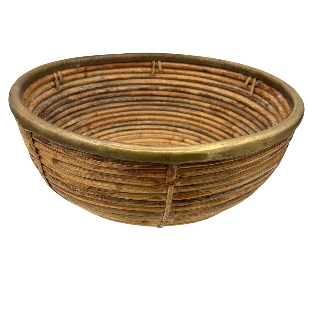 Vintage 1970s Large Coiled Rattan Basket Bowl with Heavy Patinated Brass Rim